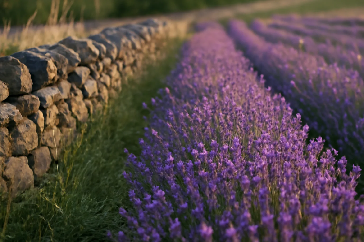 Purple lavender rows beside a Connecticut stone wall at dusk