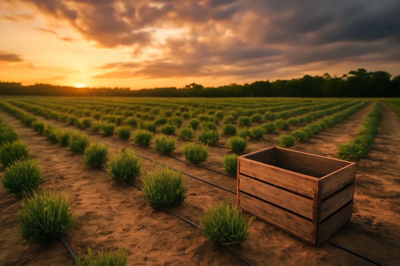 Young lavender farm rows on sandy Delaware soil at sunset