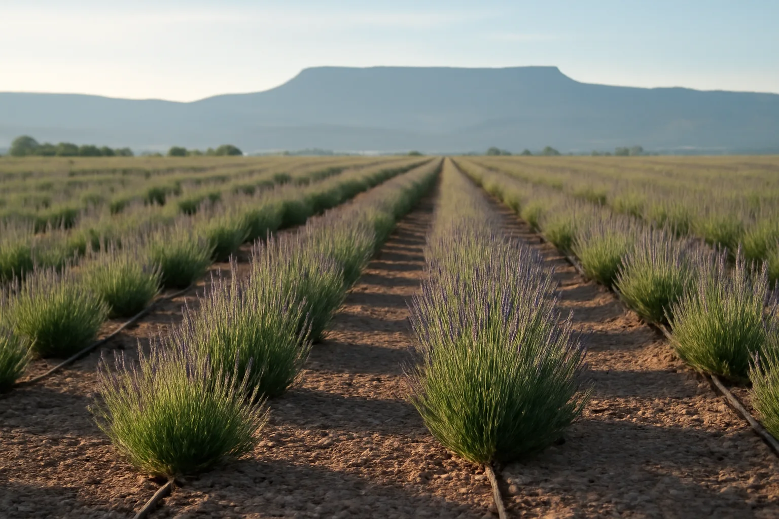 Lavender farm rows on a Colorado Western Slope bench at morning