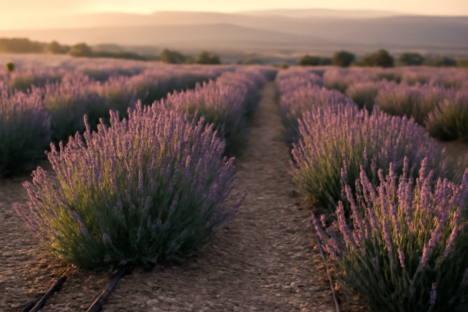 Lavender farm rows on a dry Colorado bench at evening