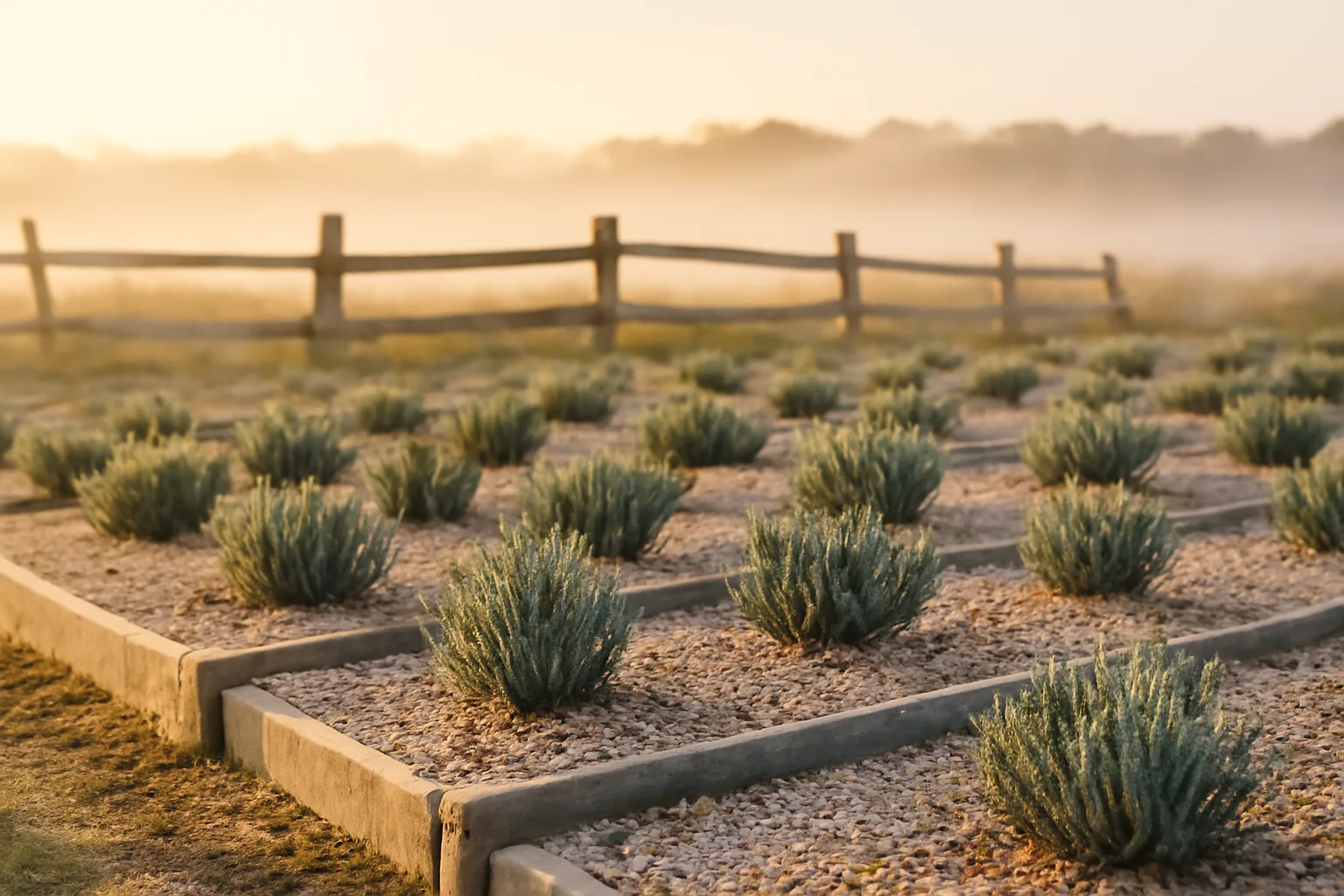 Raised lavender beds on a sandy Delaware farm at sunrise