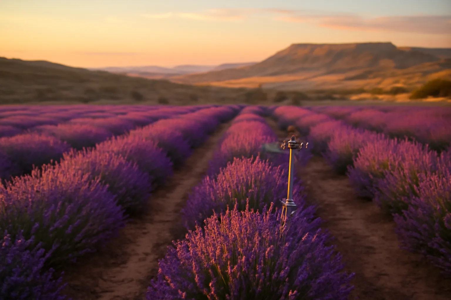 Lavender farm rows on a dry western Colorado bench at sunset