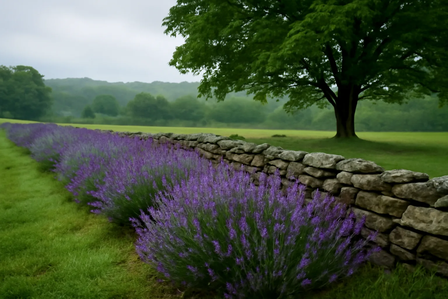 Purple lavender rows on a stony Connecticut farm hillside