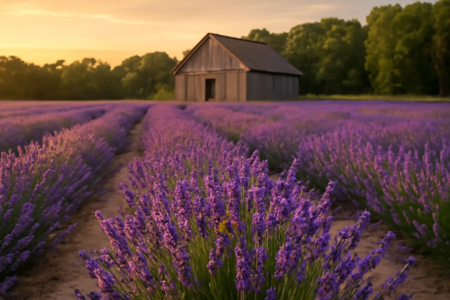 Purple English lavender rows on a dry Delaware coastal farm field